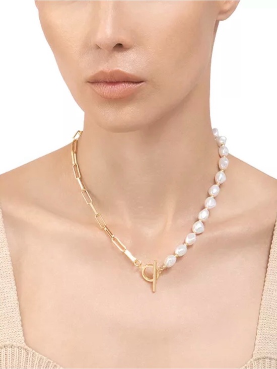 adornia Jewelry - Gold & White Pearl Half-Link Toggle Necklace